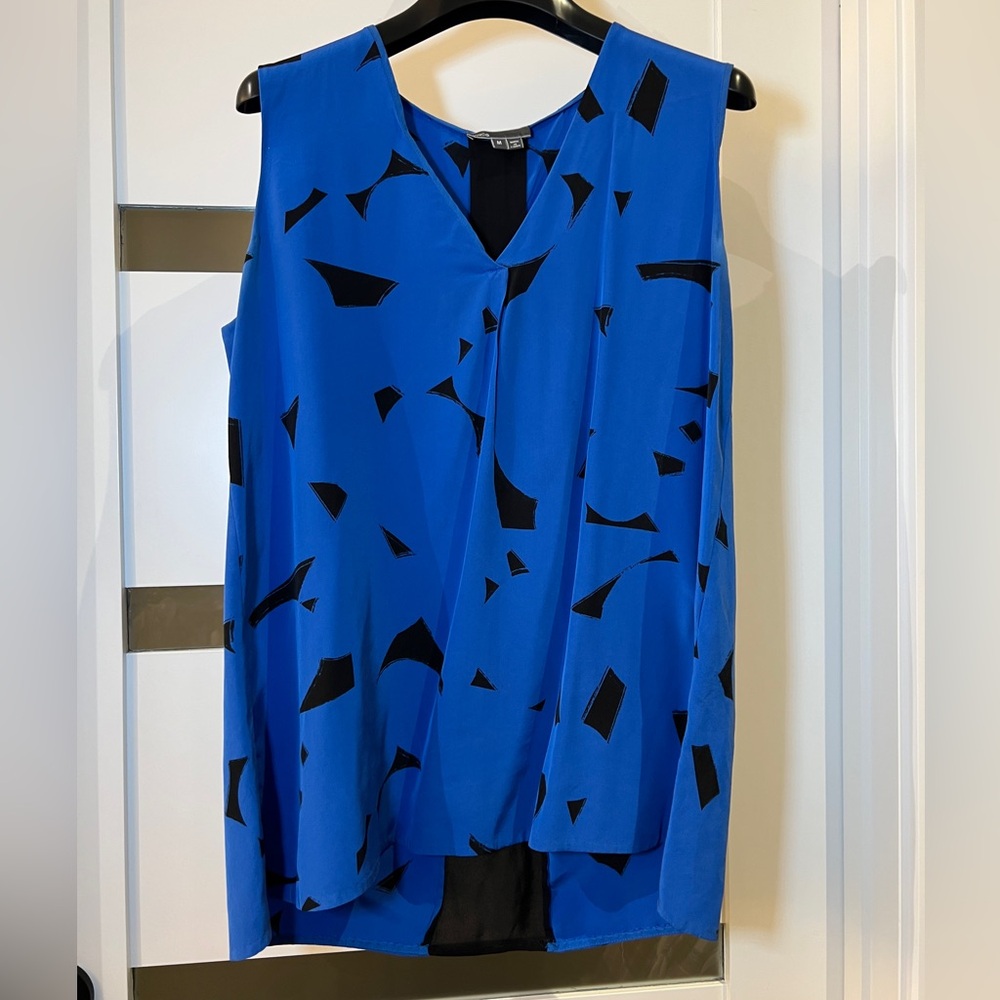 Vince 100% Silk Sleeveless Abstract Blouse Blue & Black Medium